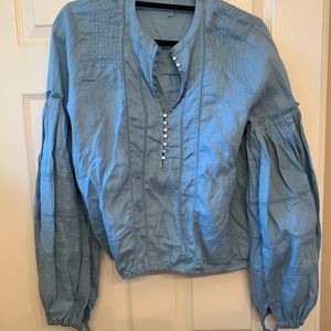 Dusty Blue Free People Linen Pirate Blouse